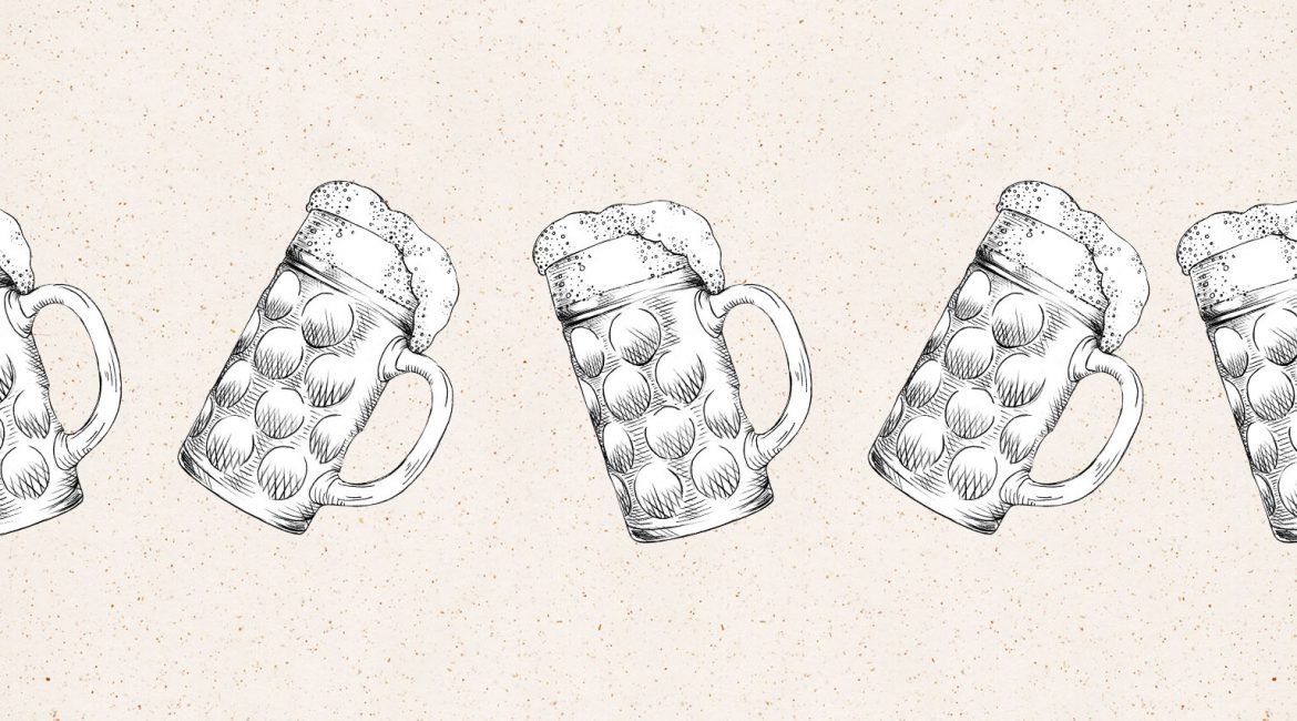 5 Gezeichnete Biergläser auf einem Papierhintergrund