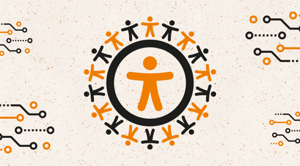 Auf dem Bild befindet sich mittig in schwarz und orange ein Mensch-Icon, dieses ist umgeben von einem Kreis und um diesen Kreis befinden sich viele kleinere Menschen abwechselnd in schwarz und orange